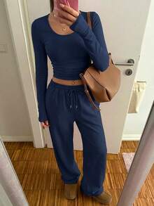 CovetEZ 2pcs Women Casual Navy Blue Round Neck Long Sleeve Top And Pants Set - Navy Blue - View 8