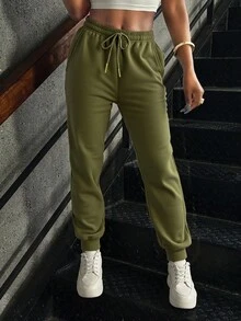 Pantalones deportivos para mujeres - pantalones de cinturón elástico ajustados por cuerda de extracción, con bolsillos, tejidos sólidos, 100% poliéster suave, ligero, cómodo y transpirable, adecuado para deportes de fitness dentro y fuera del hogar - Verde militar - Ver 1