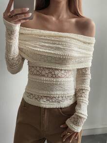Livesso Women's Hollow Out Lace Blouse, Off-Shoulder Casual Vacation Street Style Crochet Beach Shirt, Long Sleeve T-Shirt, Suitable For Autumn, Spring, Summer - Beige - View 7