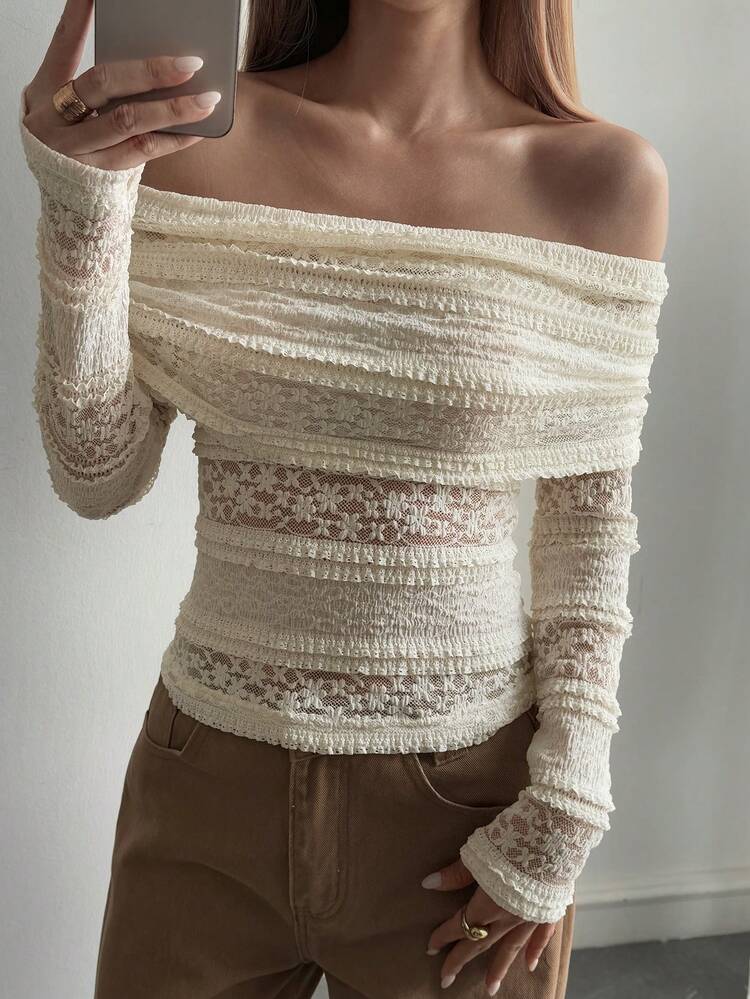 Livesso بلوزة نسائية مفرغة من الدانتيل، بتصميم كتف مكشوف، أنيقة للعطلات والشارع، قميص كروشيه للشاطئ، بأكمام طويلة، مناسبة للخريف والربيع والصيف رمضان - بيج - مشاهدة 7