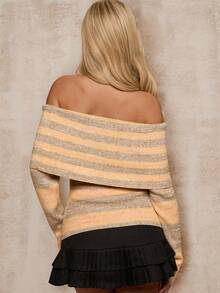 Glamine Fashionable Contrast Stripe Off-Shoulder Sweater, Autumn - Orange - View 2