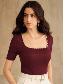 Anewsta New Fashionable Seamless Fitted Rhinestone Embellished Crew Neck T-Shirt - Burgundy - View 6