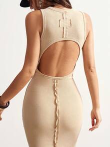 Bohemela Casual Solid Color Knit Fitted Sleeveless Round Neck Washed Long Dress For Women - Khaki - View 1