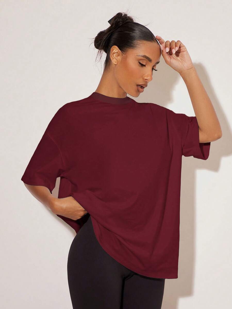 SHEIN BASICS 女款素色圓領落肩短袖休閒寬鬆百搭T恤夏季上衣