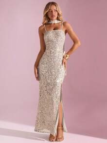 SHEIN Glamour Váy Maxi xẻ cao đính sequin lấp lánh dành cho nữ - Vàng - Xem 3