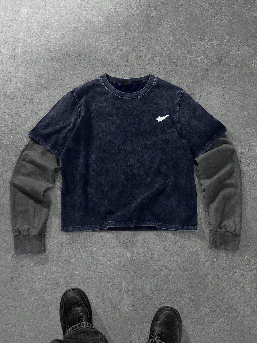 PAVTROS 男士卫衣，简约胸前图案贴片，圆领套头衫，短款，黑白撞色，运动休闲日常穿着，送给男友/老公的理想礼物，男女皆宜 - 藏蓝色 - 查看 1