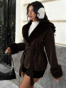 MainGRL Women's Fashionable & Elegant Coffee Brown Suede Blend Jacket, Suitable For Autumn/Winter Outings, Back To School And Daily Wear, Women's Winter Clothing - Coffee Brown - View 1