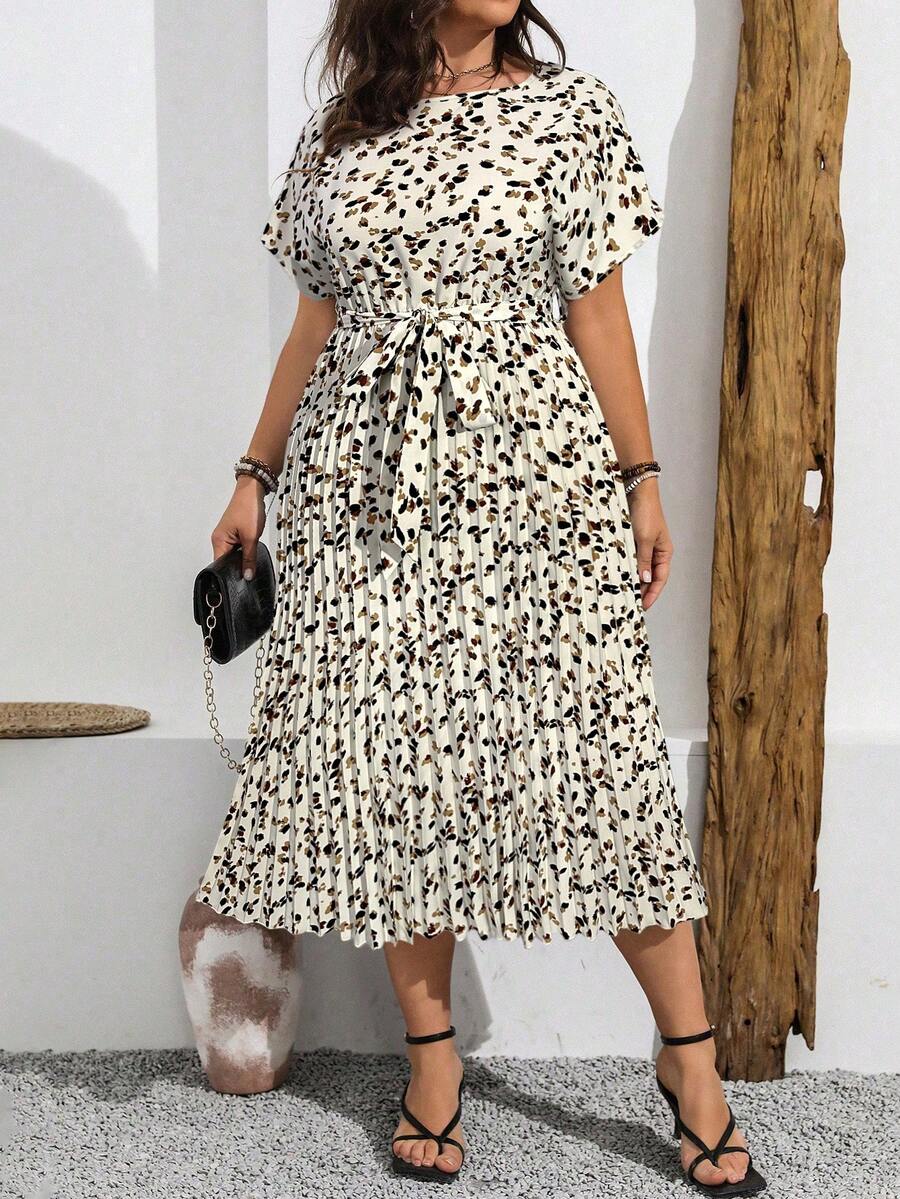 Vionelle 大码夏季休闲印花蝙蝠袖连衣裙，褶裥下摆，女士长款连衣裙，动物印花连衣裙，褶裥中长连衣裙，猎豹纹连衣裙，豹纹连衣裙，优雅夏季连衣裙 - 杏色 - 查看 1