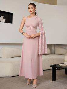 Modelyn Elegant Jacquard Fabric Asymmetrical Shoulder Waist Cinched Party Dress - Baby Pink - View 3