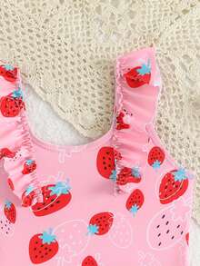 1件女婴草莓印花荷叶边肩部弹力速干舒适针织面料连体泳衣，适合海滩、泳池、海边、冲浪、度假、夏季旅行 - 粉色 - 查看 6