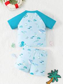 1pc Cute Underwater Animal Print Baby/Toddler Boys' Swimsuit Set,Aqua Blue Stretchy Knit Rash Guard For Summer Vacation Holiday Beach,Short Sleeve - Multicolor - View 3