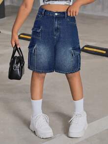 SHEIN Tween Girl Y2K Fashionable Stonewashed High Waist Flap Pocket Baggy Denim Cargo Shorts, Back To School Fall - Dark Wash - View 5