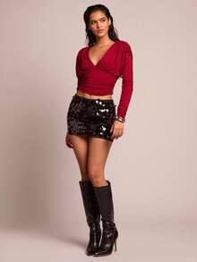 Glamine Women's Sexy Ruched V-Neck Long Sleeve Fitted Cropped Long Sleeve T-Shirt - Burgundy - View 6