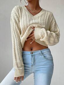 RosyDaze 纯色V领落肩长袖休闲绞花针织套头毛衣 - 杏色 - 查看 3