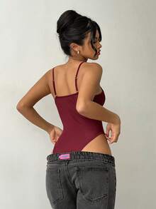 Aloruh Solid Color Spaghetti Strap Sexy Lace Bodysuit For Women,Bodysuits For Women Maroon Top Wine Red Top Burgundy Top Dark Red Top,Bodysuits For Women,Valentine's Day - Burgundy - View 3