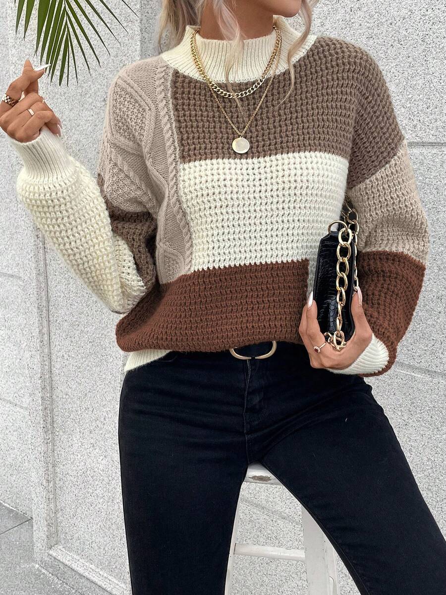 EMERY ROSE Women's Contrast Color Drop Shoulder Long Sleeve Casual Loose Pullover Sweater, Autumn/Winter - Multicolor - View 1