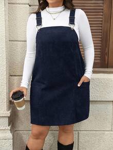 SHEIN LUNE 大码女式黑色灯芯绒连衣裙，带口袋和可调节肩带，适合 Barnfit 感恩节女装、新年女装、冬季连衣裙、冬季服装、锐舞派对服装和连身裙。 - 藏蓝色 - 查看 4