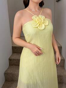 SHEIN LUNE Plus Size Women Solid Color 3D Floral Decor Elegant Halter Neck Dress  Yellow Dress Comfortable And Versatile - Yellow - View 9