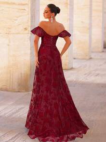 Glamrae Váy dạ hội trang trọng dài đến đầu gối xếp nếp cổ tròn bằng vải organza jacquard màu đen thanh lịch và sang trọng - Màu Đỏ Sâu - Xem 2