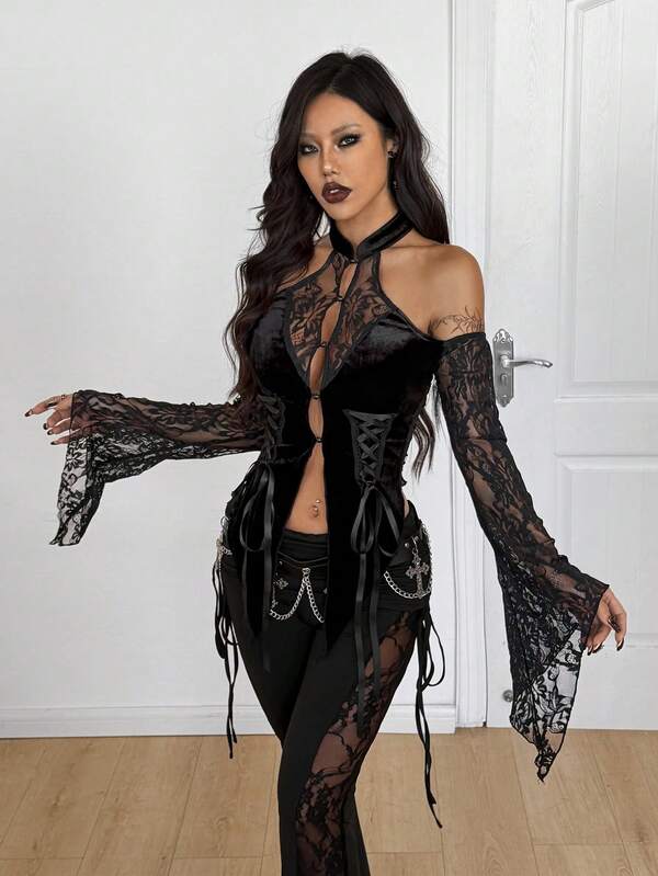 Coolane Women's Spring/Summer New Chinese Style Y2K Goth Chic Rave Lace Stretchy Comfortable Halloween Out Fits Long Sleeve Black Top