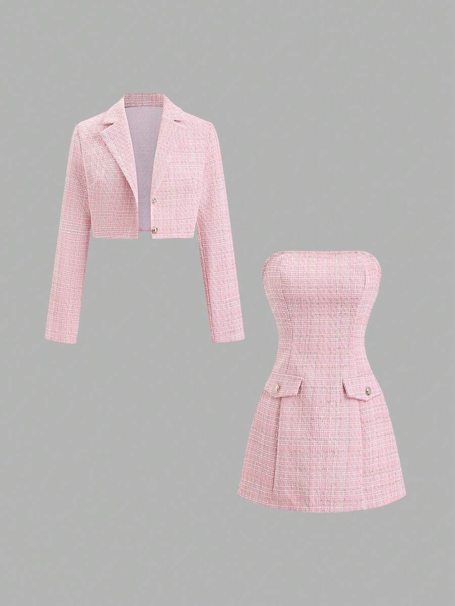 Sweetra Bộ 2 bộ vest đỏ cổ điển dành cho nữ, bộ áo khoác eo và váy cao cấp mang lại cảm giác cổ điển, trang phục Y2K, váy dự tiệc Giáng sinh cho năm mới - Hồng - Xem 1