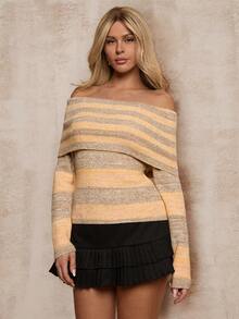 Glamine Fashionable Contrast Stripe Off-Shoulder Sweater, Autumn - Orange - View 4