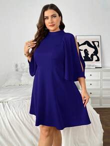 SHEIN Privé 大码女式休闲蝙蝠袖露肩连衣裙，酒红色宽松A字连衣裙，适合婚礼、度假等场合，新品上市 - 藍色 - 查看 3