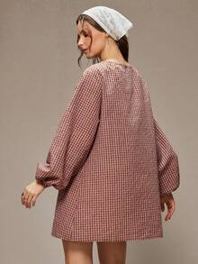 WESTFADE Plaid Check Woven Tie Front Drawstring Long Puff Sleeve Contrast Crochet Lace Mini Dress Winter, Boho, Western Wear, Holiday, Christmas, NYE, New Year, Nashville Cowgirl, Casual, Cute - Multicolor - View 4