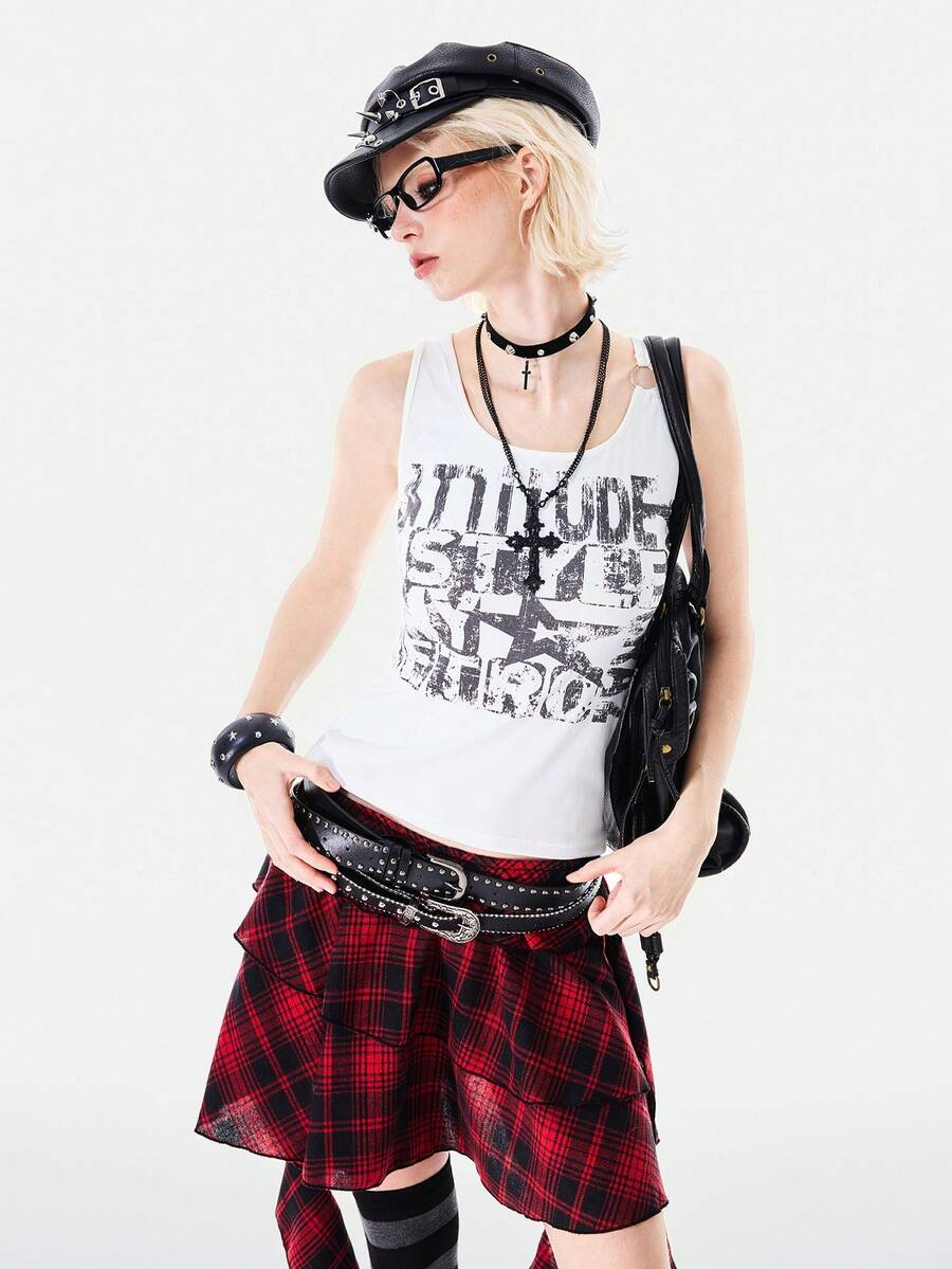 Bloopia Women's Fashionable Outdoor Letter & Star Print Circular Ring Detail Camisole, Summer - White - View 1