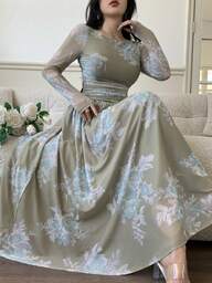 Feyla فستان أنيق بأكمام طويلة مطبوع بنقشة الزهور مع قطع شبكية