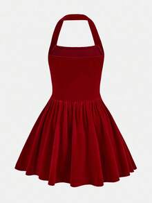 SHEIN Tween Girls Halter Neck Velvet Waist Cinched Dress, Elegant For Holiday Party And Ceremony - Burgundy - View 2