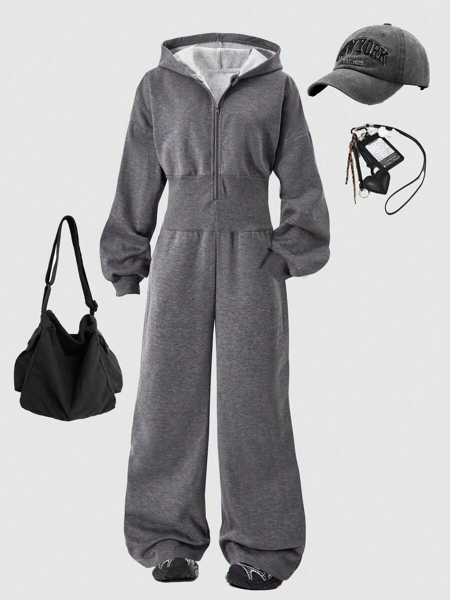 SHEIN ChillGRL 女童白色和灰色连帽拉链休闲运动卫衣和高腰羊毛裤套装 - 深灰色 - 查看 1