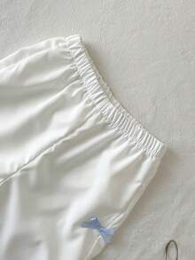 SHEIN Conjunto de 2 peças para meninas: blusa branca com mangas bufantes e laço colorido + calça pantalona roxa, ideal para o dia a dia e para as férias. Perfeito para o verão. - Azul e branco - Ver 6