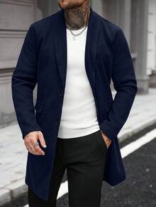 Manfinity CasualCool Men's Button Front Long-Sleeved Pocket Simple Plus-Size Casual Windbreaker, Flannel Windbreaker For Going Out, Gifts For Friends, Husbands And Boyfriends Coat For Men - Navy Blue - View 5