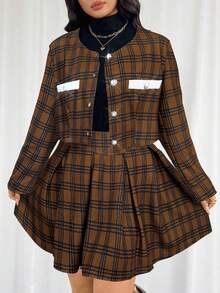 Firerie Plus Size Women's Elegant Commuter Workwear Sophisticated High-End Afternoon Tea Slightly Sexy Date Music Concert Collegiate Vintage Black & White Plaid Print Long Sleeve Jacket & Pleated Mini Skirt, Back To School Outfit Flannel Wednesday Addams In Fall/Winter Brown 2 Piece Set Modest Two Piece Set Plaid Two Piece Set 2 Piece Casual Sets Woman Brown Outfit Women