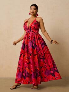 Travachic Vestido de verano de talla grande con cuello en V profundo, sin mangas y estampado floral y de plantas en estilo bohemio - Rojo - Ver 5