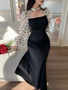 Feyla 女士优雅蝴蝶结印花拼接薄纱腰部中长连衣裙，春秋季 - 黑色 - 查看 6