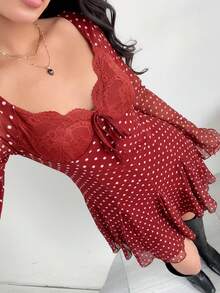 MainGRL Chic Polka Dot A Line Mini Dress Featuring Deep V Neck Flared Hem Extra Long Flare Sleeves And Elegant Mesh Fabric In Burgundy - Burgundy - View 7