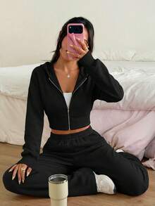 SHEIN EZwear Women's Spring Fashionable Black Zip Front Hoodie Sweatshirt And Pants Two Pieces Set - Black - View 7