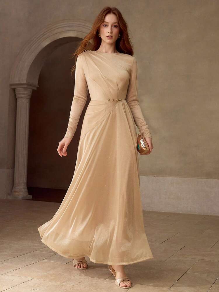 WOMEN'S PLICATED STRUCTURED LONG SLEEVE DRESS