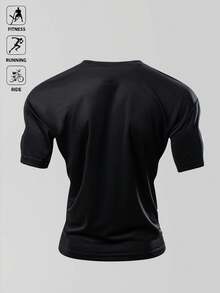 Acti Log 男士图案印花宽松圆领夏季运动 T 恤健身服跑步 T 恤和背心健身上衣透气 - 黑色 - 查看 2