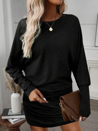 EMERY ROSE Autumn/Winter Fashion New Casual Black Long Sleeve Bat Wing Sleeve Ruched Hem Bodycon Dress