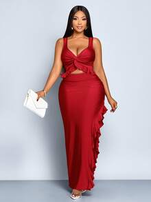 SOLERSUN Große Größen Frauen Rüschen Saum einfarbiges ärmelloses Bodycon Kleid, Hühnerhalslinie, verdrehte Brust, Rüschen Kanten, ausgehöhlter Vorderleib, hoher Schlitz Saum, Rüschen Kanten, Slim Fit, Taillierung, sexy langes Kleid, Maxikleid, rotes Kleid, Abschlusskleid, Weihnachten, Neujahr - Bordeaux - Übersicht 4