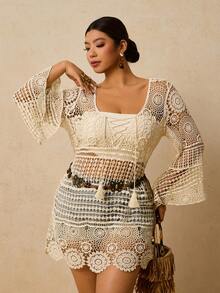 Travachic Plus Size Vintage Hollow-Out Knit Cover-Up, Early Spring Niche Design Sense Long Sleeve Sweet & Spicy Style Mid-Length Pullover Sweater, Summer For Women Beach For Women Vacations Women Holiday Sweater For Women Resort Wear Women Crochet Top - Apricot - View 6