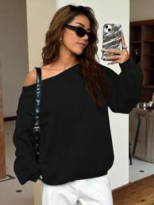 SHEIN EZwear 女士宽松斜肩保暖内衬运动衫，黑色，秋冬 - 黑色 - 查看 4