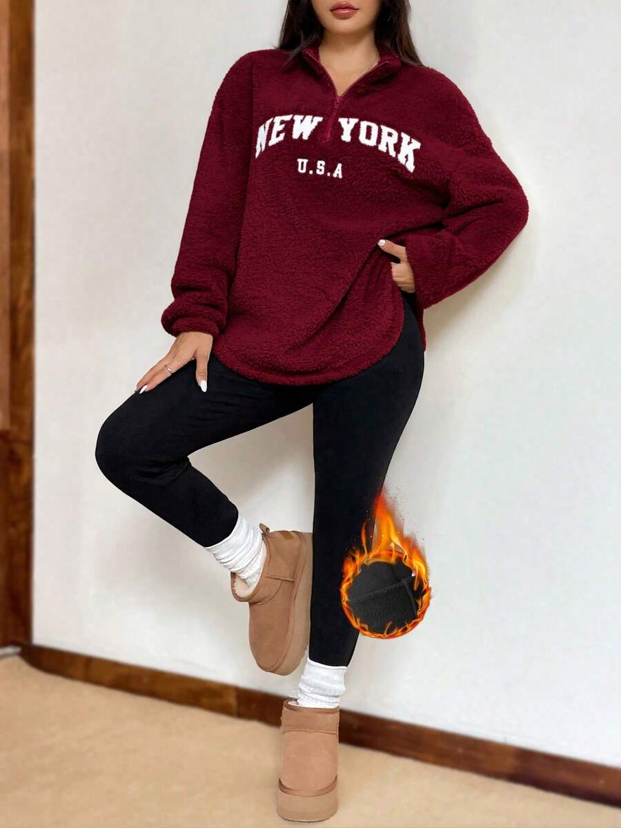 SHEIN EZwear 女款紐約字母圖案立領抓絨衛衣與緊身內搭褲套裝,酒紅色,秋季,休閒,校園,居家穿搭,黑色 - 酒紅色 - 查看 1