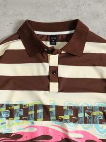 ROMWE MEN Street Life Camisa polo de hombre con estampado de rayas, corte holgado - Marrón - Ver 3