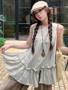 SHEIN K-Vae 女士休闲日常通勤度假条纹印花不对称荷叶边下摆宽松背心，夏季 - 杏色 - 查看 3