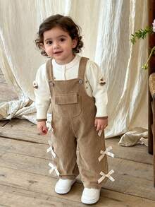 Baby Girls' Casual Style Denim Bib Pants, Khaki Color With Bow Decor, Loose Straight Leg, Soft & Comfortable Fabric, Versatile For Everyday Wear, Suitable For Spring, Summer, Autumn And Winter - Khaki - View 11