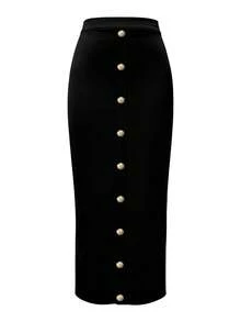 GlowEve Women's Solid Color Metal Button Decorated Elegant Pencil Skirt - Black - View 3
